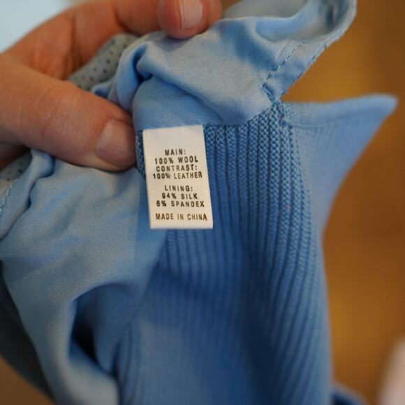 St. John Blue Wool Ribbed 1 button Jacket w perforated Leather with matching Top - Picture 5 of 11